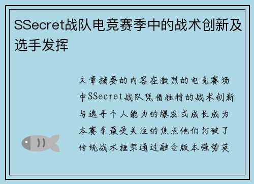 SSecret战队电竞赛季中的战术创新及选手发挥