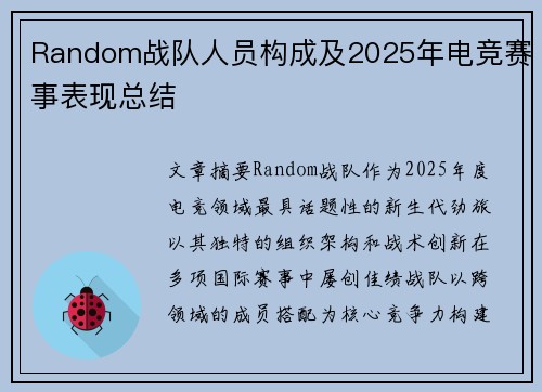 Random战队人员构成及2025年电竞赛事表现总结