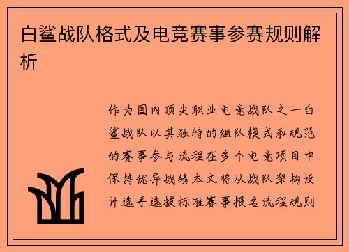 白鲨战队格式及电竞赛事参赛规则解析